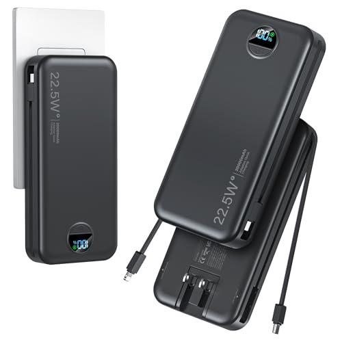 20000mAh Ultra-Portable-Charger-Power-Bank with Built in Cables&AC Wall Plug,PD20W USB-C Fast Charging Cell Phone Charger Battery Pack,LED Display Travel Battery Bank for All iPhone,Samsung,Android