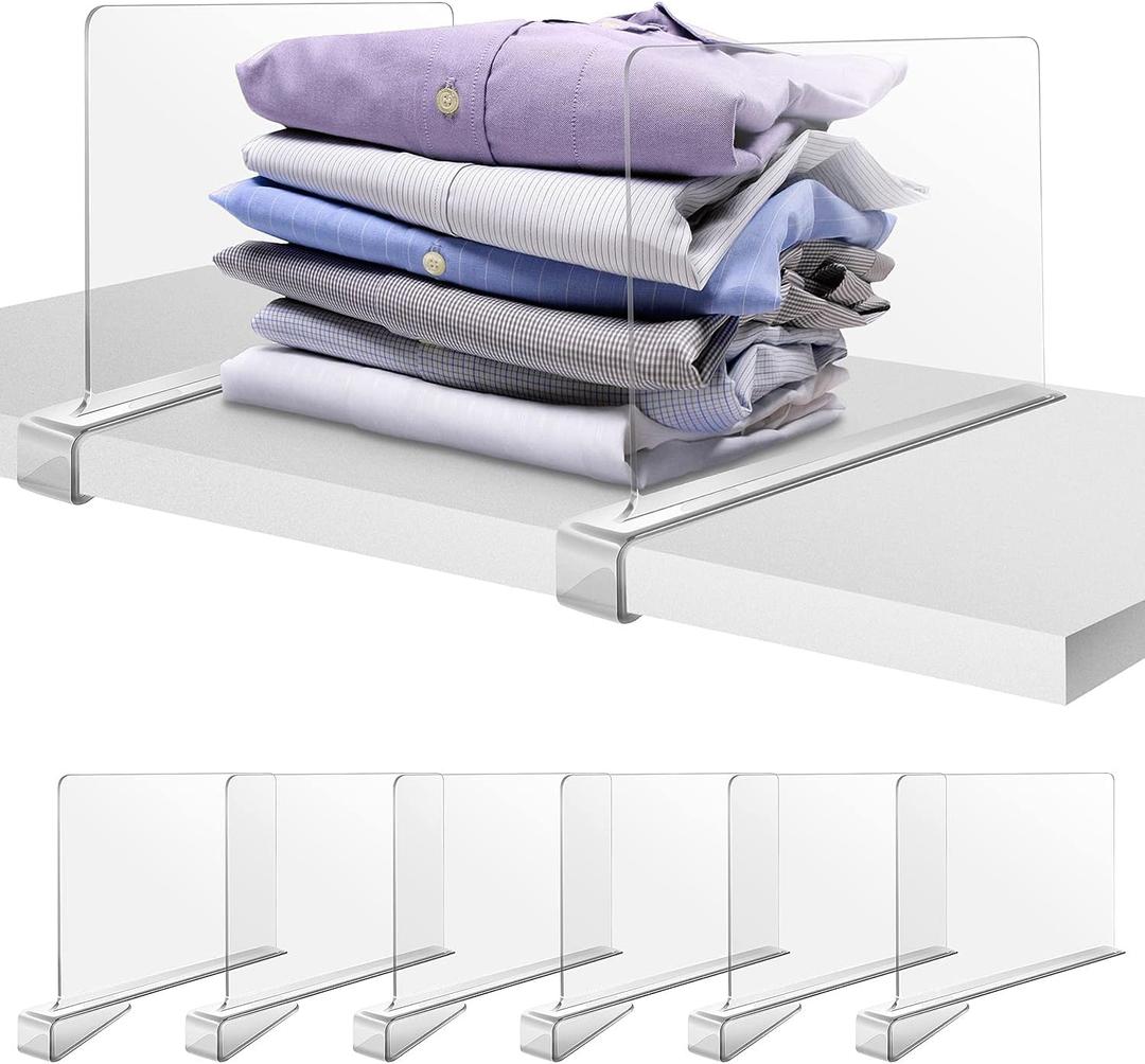 6 PCS Acrylic Shelf Dividers for Closets, Clear Closet Shelf Divider for Wooden Shelving, Shelf Organizer for Clothing and Purse, Fits Shelves of 0.4-0.95