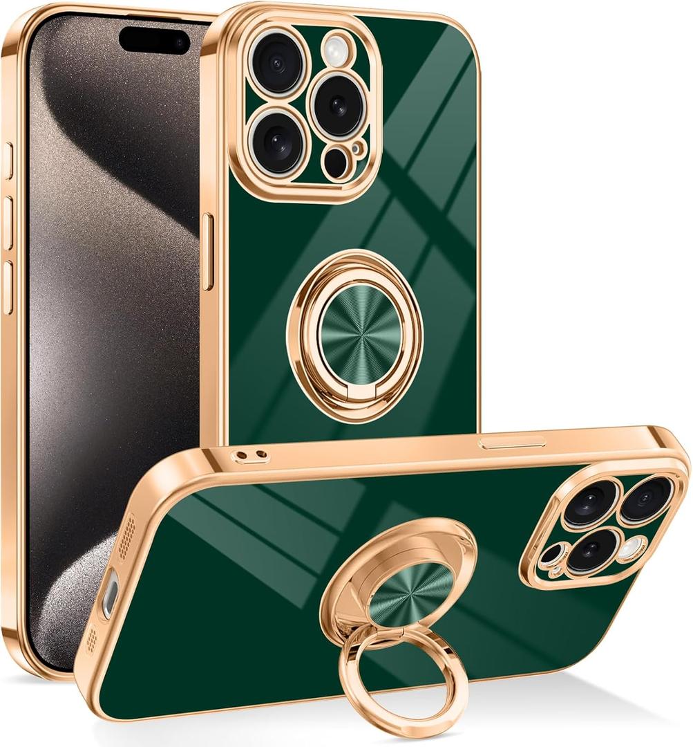 Dinick Designed for iPhone 15 Pro Case with Ring Holder Soft TPU Bumper Glitter Plated Slim Cover for Women Men Finger Stand for iPhone 15 Pro Case Green and Gold