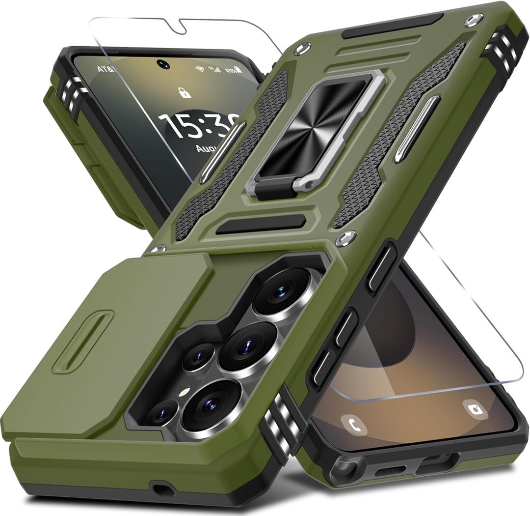 DEERLAMN Case for Samsung Galaxy S26 Ultra 6.9-Inch with Slide Camera Cover+Screen Protector(1 Pack), Rotated Ring Kickstand Military Grade Shockproof Protective Cover-Olive Green