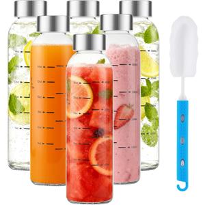Glass Juice Bottles with Lids Set of 6, 17 oz Reusable Glass Water Bottles with Stainless Steel Caps, BPA Free,Leak Proof,Dishwasher Safe,for Refrigerator, Juicing, Iced Coffee, Cold Brew