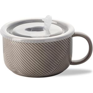 Oversized Soup Bowl with Handle: 38 oz Ceramic Soup Mug with Lid - Microwave Safe Jumbo Food Storage Container for Ramen Cereal Breakfast Meal Prep Office Lunch Dorm Living - Grey 6 Inch (Gray)