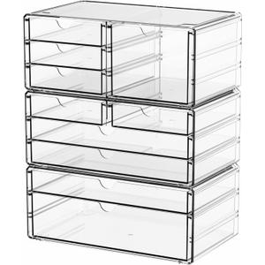 Yieach 3 Pack Clear Storage Drawers With 10 Drawers,Stackable 11.1 Large Acrylic Drawer Organizer and Makeup Organizer For Vanity,Bathroom Countertop,Cabinet,Pantry,Office Supply Storage Bins Drawers