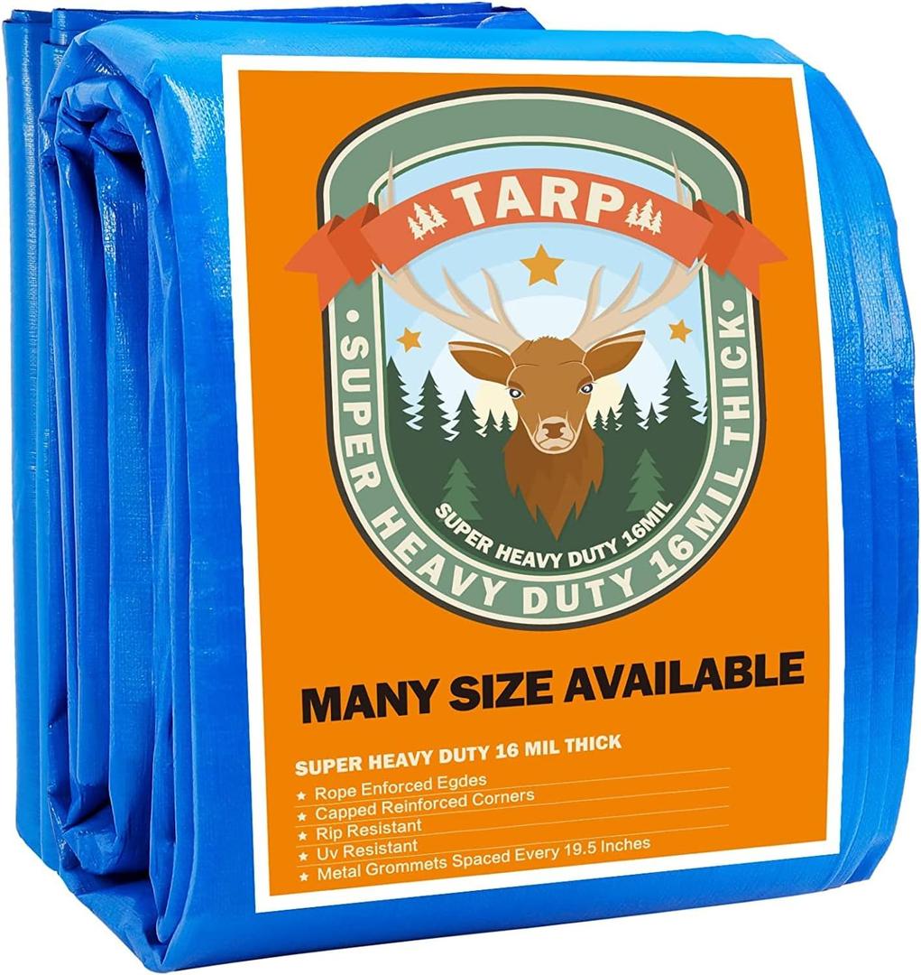 Large Tarp, Tarps Heavy Duty Waterproof 25x25, Waterproof Plastic Poly 16 Mil Thick Tarpaulin with Metal Grommets Every 19.5 Inches - Emergency Rain Shelter, Outdoor Cover, and Camping Use