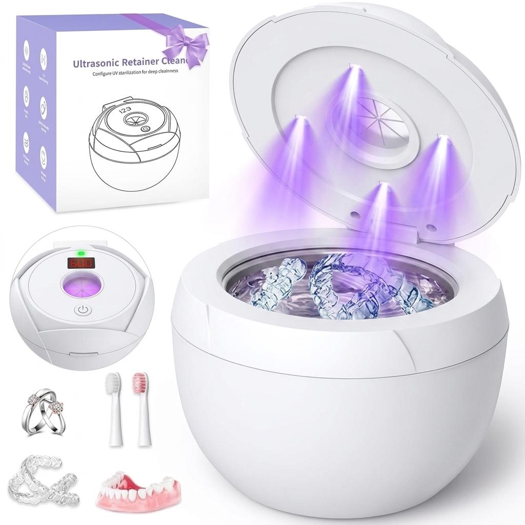 Dental Ultrasonic Retainer Cleaner Machine - 45kHz Dental Cleaning Pod with 4 Modes, Digital Timer & 200ML Capacity for Denture, Mouth Guard, Aligner, Night Guard, Braces, Toothbrush Head & Jewelry