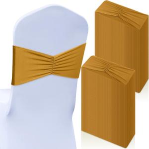 Moukeren 50 Pcs Spandex Chair Sashes Bows Stretch Chair Bands Slider Sashes Elastic Ties Ribbon Covers for Wedding Party Events Ceremony Birthday Banquet Decorations(Gold)