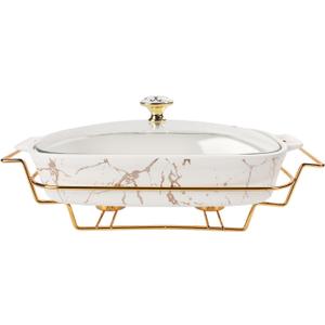 12" x 8" Ceramic Casserole Dish with Glass Lid and rack, 1.6 Quart Serving Soup Tureen,Chafing Dish for Buffet, Family Food Preserve Tray, Catering Casserole for Party Style