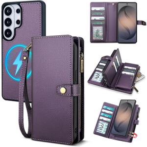 TwoHead for Samsung Galaxy S26 Ultra Wallet Case with Card Holder, Detachable Magnetic Phone Case for S26 Ultra,PU Leather All-Round Protective Phone Case Wallet with Wrist Strap(6.9 in,Deep Purple)