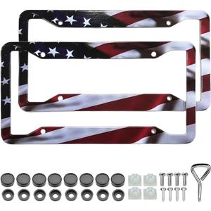 American Flag License Plate Frame Holder - 2 Pack Universal Aluminum Matte Stripe US Flag Gloss Patriotic Car Plate Frame Covers with Free Screws Fasteners Caps