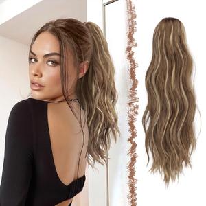 FESHFEN Ponytail Extensions, Long Claw Clip in Ponytail Hairpiece Synthetic Pony Tails Hair Piece Natural Wavy Hairpieces for Women, 20 inch Light Brown & Blonde