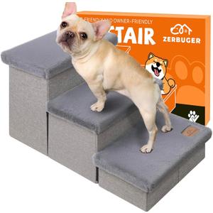 Dog Stairs with Furry Lids 18" H, 3-Step Wider Dog Steps with Storage for Small/Medium/Large Old Dogs Cats, Folding Sturdy Pet Stairs Climbing Bed Couch, Ramp for Car Hold Up to 200 lbs, Grey