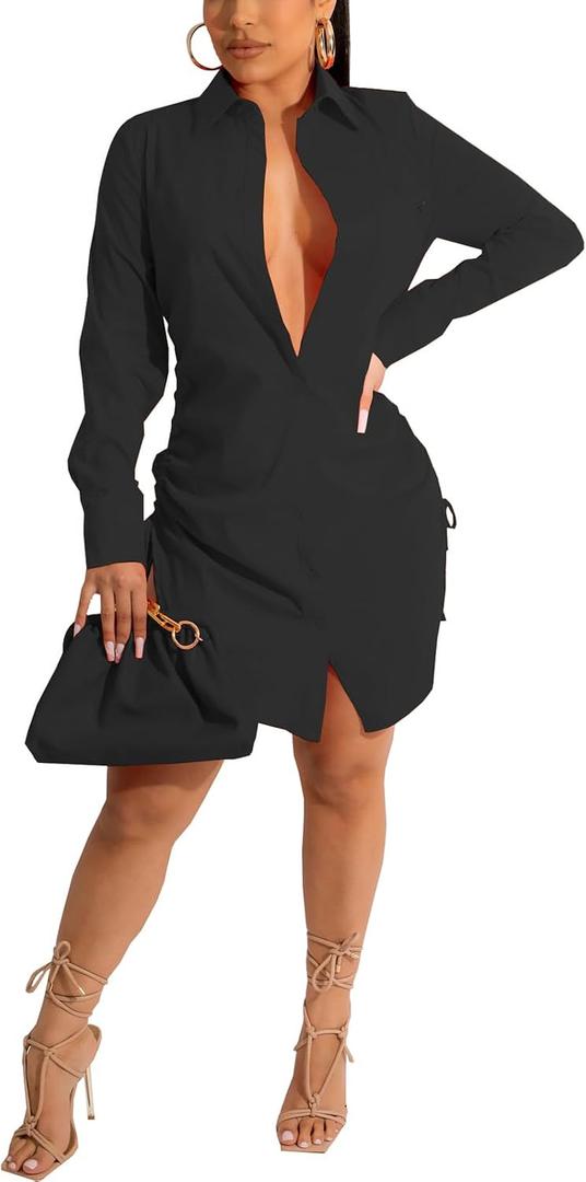 Black Button Down Shirt Dresses for Women Sexy Long Sleeves Top Collar Blouse Casual Oversize Classy Ruched Party Club Night Out Mini Dress with Drawstring, XL