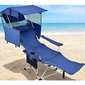 East Oak Reclining Camping Chair with Canopy & Foot Rest | 4-Position Folding Beach Chair with Adjustable Canopy, Detachable Foot Rest, Supportive Headrest, 330 lbs Canopy Chair (Blue)
