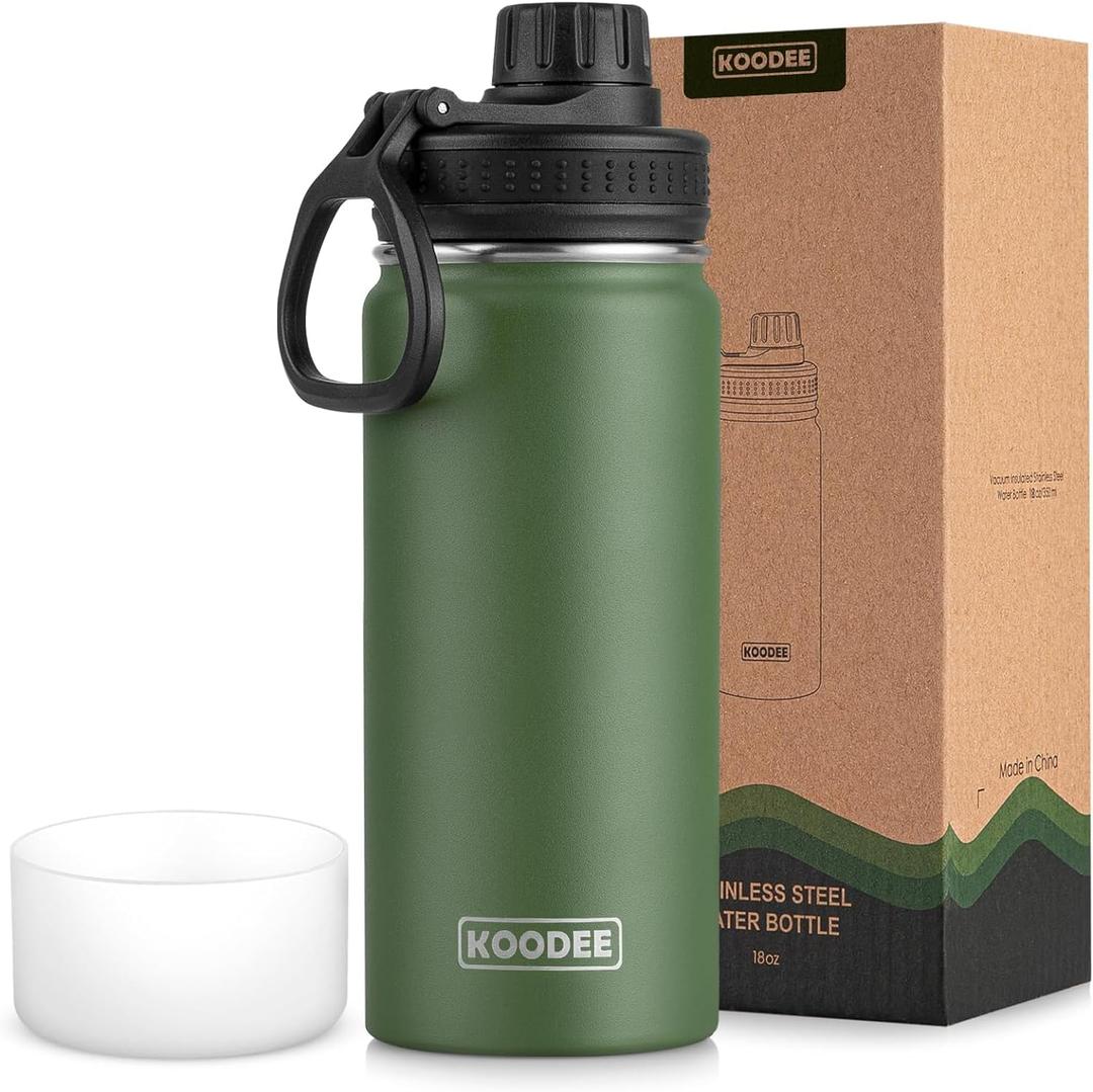 koodee Insulated Water Bottle, 18 oz Stainless Steel Double Wall Vacuum Wide Mouth Sport Bottle with Leakproof Spout Lid (Grass Green)