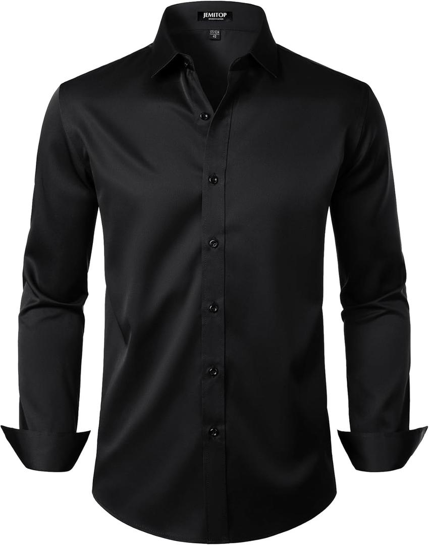 Men's Stretch Wrinkle Free Dress Shirts Formal Wedding Prom Long Sleeve Button Down Shirt (3X-Large, Black)