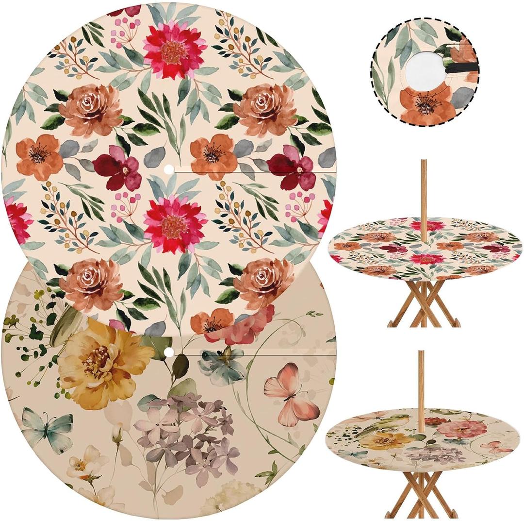 2pc Flower Round Outdoor Tablecloth with Umbrella Hole, Retro Floral Fitted Table Cover with Zipper, Waterproof Windproof Umbrella Table Cloth with Elastic(45''-54'')