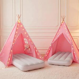 Wilwolfer Pink Sleepover Teepee Tent for Kids-2 Pack Tipi Playhouse for Kids with Lights& Flag& Inflatable Airbed -Indoor/Outdoor Foldable- Slumber Party Tent -Sleepover Party Supplies