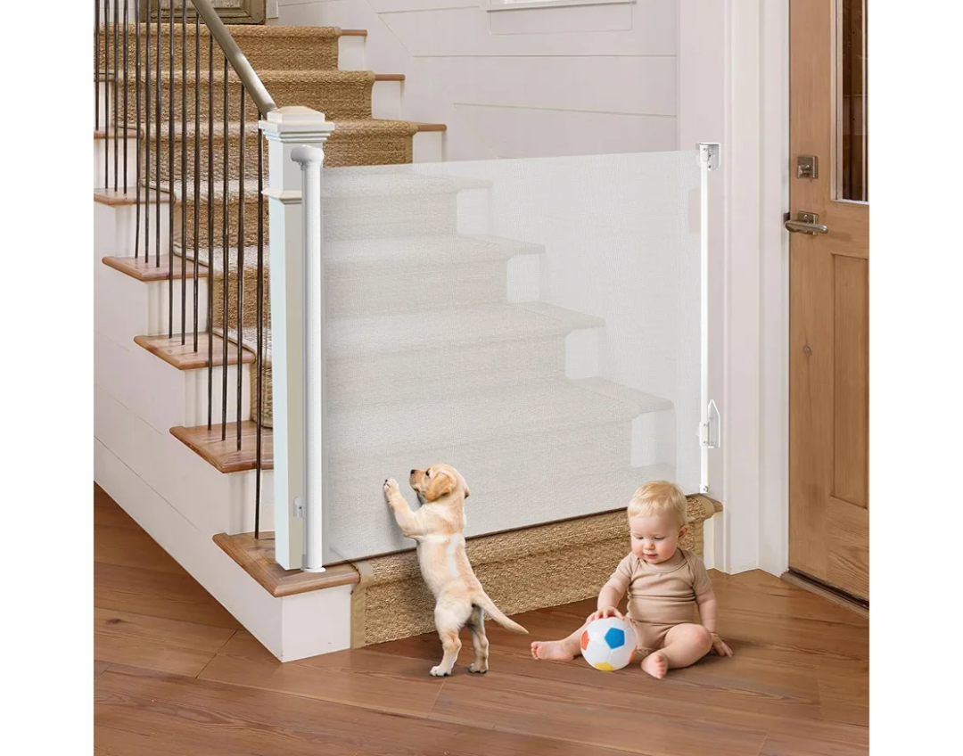 Retractable Baby Gate for Stairs, 55" Wide Mesh Pet Gate, Automatic Tension, One-Hand Operation, 38" Tall Baby Gates for Doorways, Hallways, Deck, Indoor Outdoor, Safe, Easy to Fit, White Retractable Baby Gate for Stairs, 55" Wide Mesh Pet Gate, Automatic Tension, One-Hand Operation, 38" Tall Baby Gates for Doorways, Hallways, Deck, Indoor Outdoor, Safe, Easy to Fit, White