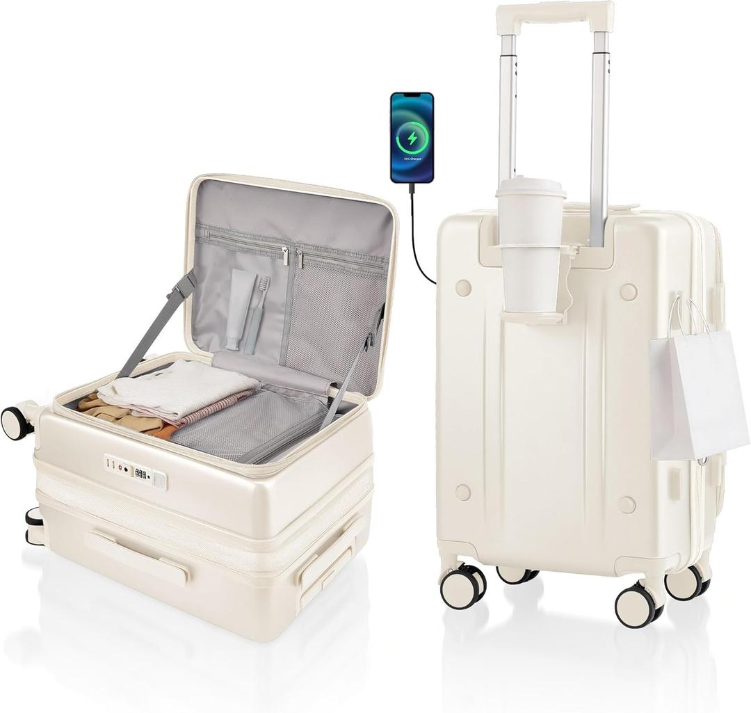 Expandable 20Inch Carry On Luggage Airline Approved - Top Opening Hardside Travel Suitcase Unbreakable -with Cup Holder,USB Charge,Side Pothook, 360Spinner Wheels, TSA Lock-White