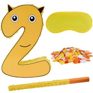 Number 2 Pinata Bundle with a Blindfold and Bat -16 x 11 x 3 Inches, Animal-Themed Pinata Perfect for Boys and Girls Birthday Party Supplies, Yellow-Themed 2nd Birthday Decoration
