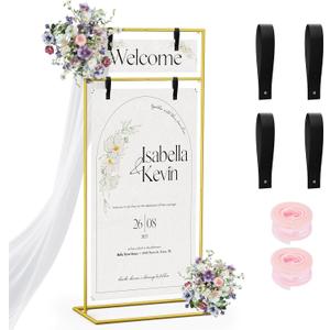 Wedding Welcome Sign Stand 79x32x16 Gold Hanging Sign Holder with 2 Pair Leather Sign Straps & Satin Ribbon, Heavy Duty Easel Stand for Display, Wedding Seating Chart Stand