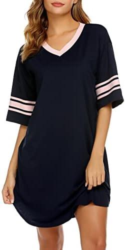 Ekouaer Womens Nightgown Cotton Sleepwear Short Sleeve Sleep Shirt V Neck Color Block Nightshirt (XX-Large, A_navy Blue)