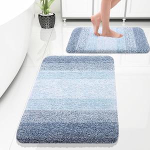 OLANLY Bathroom Rug Set 2 Piece, Soft Absorbent Microfiber Bath Rug Set, Non-Slip, Machine Wash Dry, Plush Shaggy Bath Mats for Bathroom (30"x20"+24"x16", Blue)