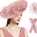 dressfan Wide Brim Fascinator Derby Hats for Women,20s Detachable Flower Hat with Headband for Derby Church Wedding Tea Party (Pink, M)
