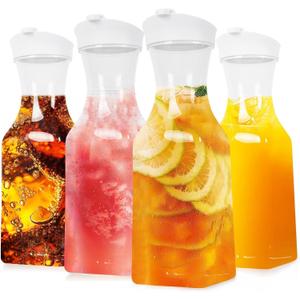 Set of 4 Plastic Carafe with Lid, 1 Liter Mimosa Bar Supplies, Large Square Base Juice Containers, Water Bottle, Milk Container, Clear Beverage Containers for Fridge