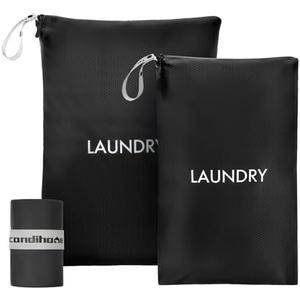 Travel Laundry Bag (2 Pcs - Large + Small) - Foldable Waterproof Washable Wet Dry Bag for Gym, Swimming, Yoga, and Workout Perfect for Dirty Clothes, Bathing Suits, Travel Accessories Black