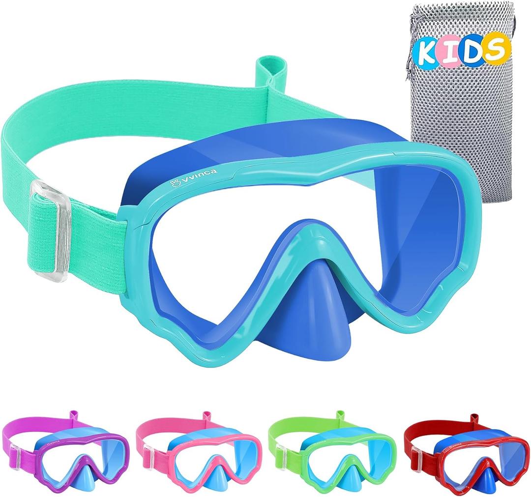 Vvinca Kids Swim Goggles with Nose Cover, Snorkel Diving Mask Fabric Strap Anti Fog Anti Shattered Lens Goggles for Kids 06-Blue Green