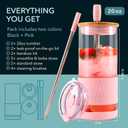 Pandaloo Glass Cups With Lids and Straws -20 Fl Oz- Perfect Size Iced Coffee Cup - Smoothie Cup With Bamboo Lid and On the go Lid - Glass Tumbler (2 Count (Pack of 1), Black Saphir-Tender Pink)