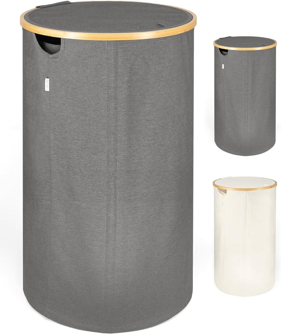 LONBET Laundry Basket with Lid, Made from Breathable Fabric | Aesthetic Clothes Hampers for Laundry with Side Handles & Sturdy Bamboo Frame (Circular, Grey) (Gray)