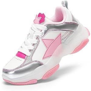 DREAM PAIRS Girls Sneakers Lace up Lightweight Sparkle StarGlow Breathable Jelly Sole Kids Walking Shoes Casual Sports ( Pink/Silver, Size US 13 )