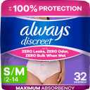 Always Discreet Adult Diapers for Women, Incontinence Underwear, Postpartum Essentials, Disposable Briefs, Max Absorbency, Bladder Leak Protection, Small/Medium, 32ct