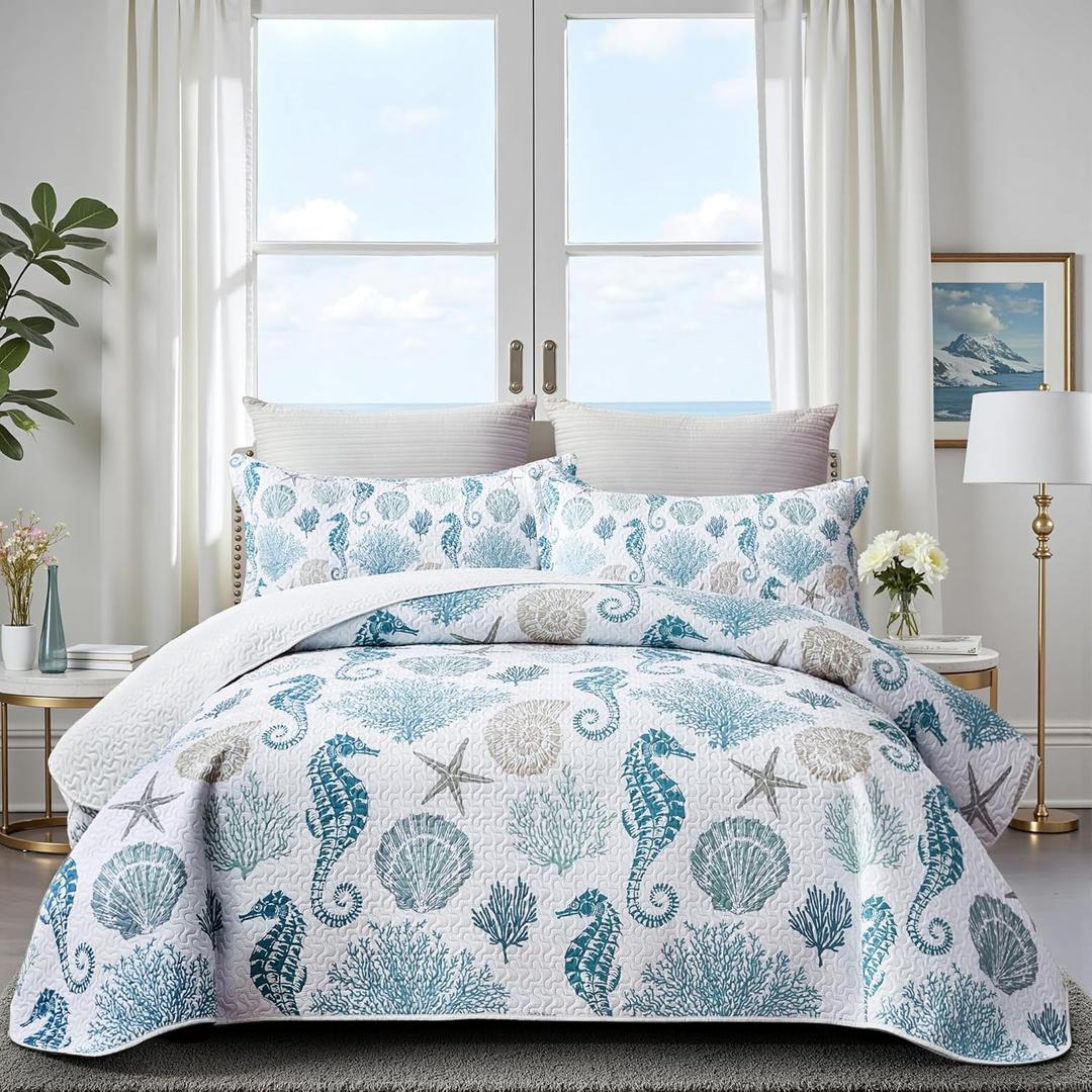 Coastal Bedding Queen Size Coastal Quilt with 2 Shams, Nautical Beach Comforter Sets Ocean Bedspreads Blue Seahorse Coverlet Summer Bedding, 90''x96'', Seahorse 