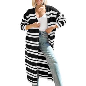 Saodimallsu Womens Striped Long Cardigans Open Front Color Block Long Sleeve Loose Knit Fall Duster Sweater Coat 33x43