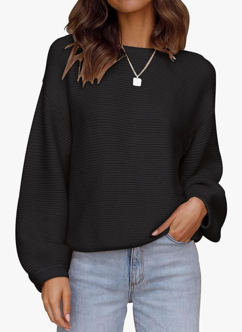 ZESICA Women's Crew Neck Long Lantern Sleeve Fall 2026 Casual Loose Ribbed Knit Solid Soft Pullover Sweater Tops Size Xl