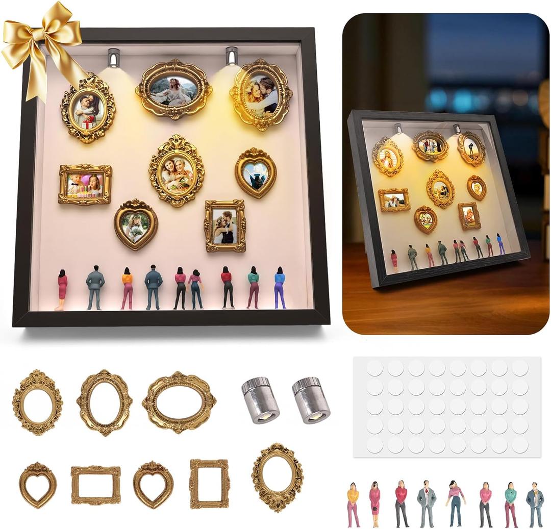 DIY Mini Museum Shadow Box Frame with Figurines & Spotlights Gold Frame, Keepsake Gift for Valentines Day, Mothers Day, Birthday, Graduation, Anniversary & Home Decor