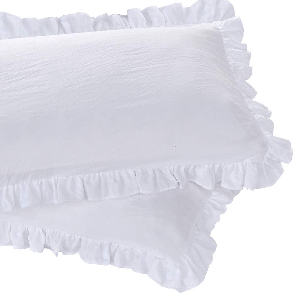 Queen's House Ruffled Pillow Shams Standard White Shabby Set of 2 Farmhouse Pillowcases French Country Vintage Frilly Pillow Cover Polyester 20x26