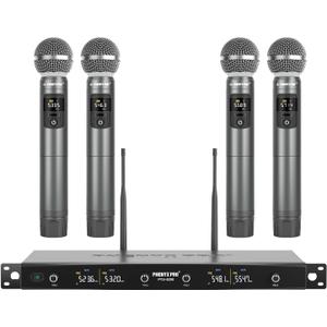 Phenyx Pro Wireless Microphone System, Metal Wireless Mic Set with 4 Cordless Mics, 4x25 UHF Adjustable Frequencies, 200ft Range, Dynamic Microphones for Singing, Karaoke, Church, DJ (PTU-5200-4H)