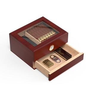 Cigar Humidor Case with Mechanical Hygrometer, Cigar Humidor Glass Top Cigar Case Humidifiers, Humidor Box Cigar Cases for Men Cigar Desktop Humidors Cigars hold 25-50 Counts, Red