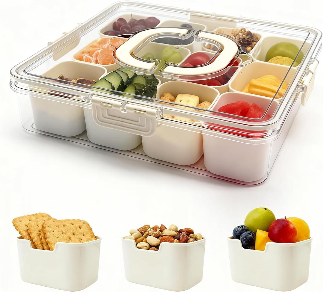 12 Compartment Snack Box, Portable Snackle Box Container, Divided Serving Tray with Lid and Handle Charcuterie Containers Fruit Nuts Platter, Clear Storage Organizer for Party Picnic Travel