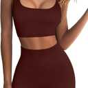 QINSEN Workout Sets for Women 2 Piece Seamless Ribbed Crop Tank High Waist Shorts Yoga Outfits (Large, Coffee)