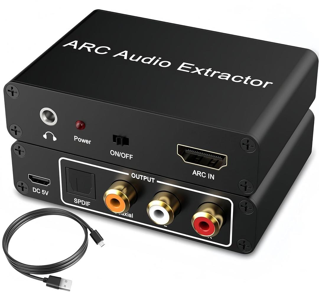 HDMI ARC Audio Extractor 4K60Hz, 192KHz HDMI ARC Adapter Converter to Optical TOSLINK SPDIF + RCA L/R+ Coaxial and Analog 3.5mm Stereo for Soundbar HDTV Speaker Amplifier Headphones (5in)