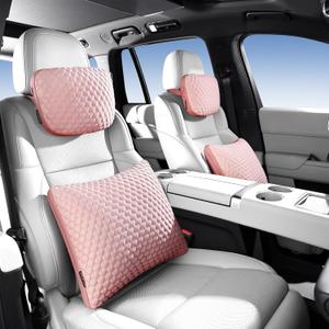 Car Headrest and Lumbar Support Pillow Set,1 Piece, Neck & Back Support for Driver/Passenger Seat, Comfortable & Breathable, Relieves Neck & Back Pain, Ideal for Long Drives (B/Pink)