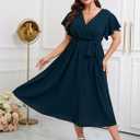 Womens Plus Size Dress Wedding Guest Cocktail Pleated V Neck Faux Wrap V Neck Flowy A Line Midi Dresses with Belt (XL)