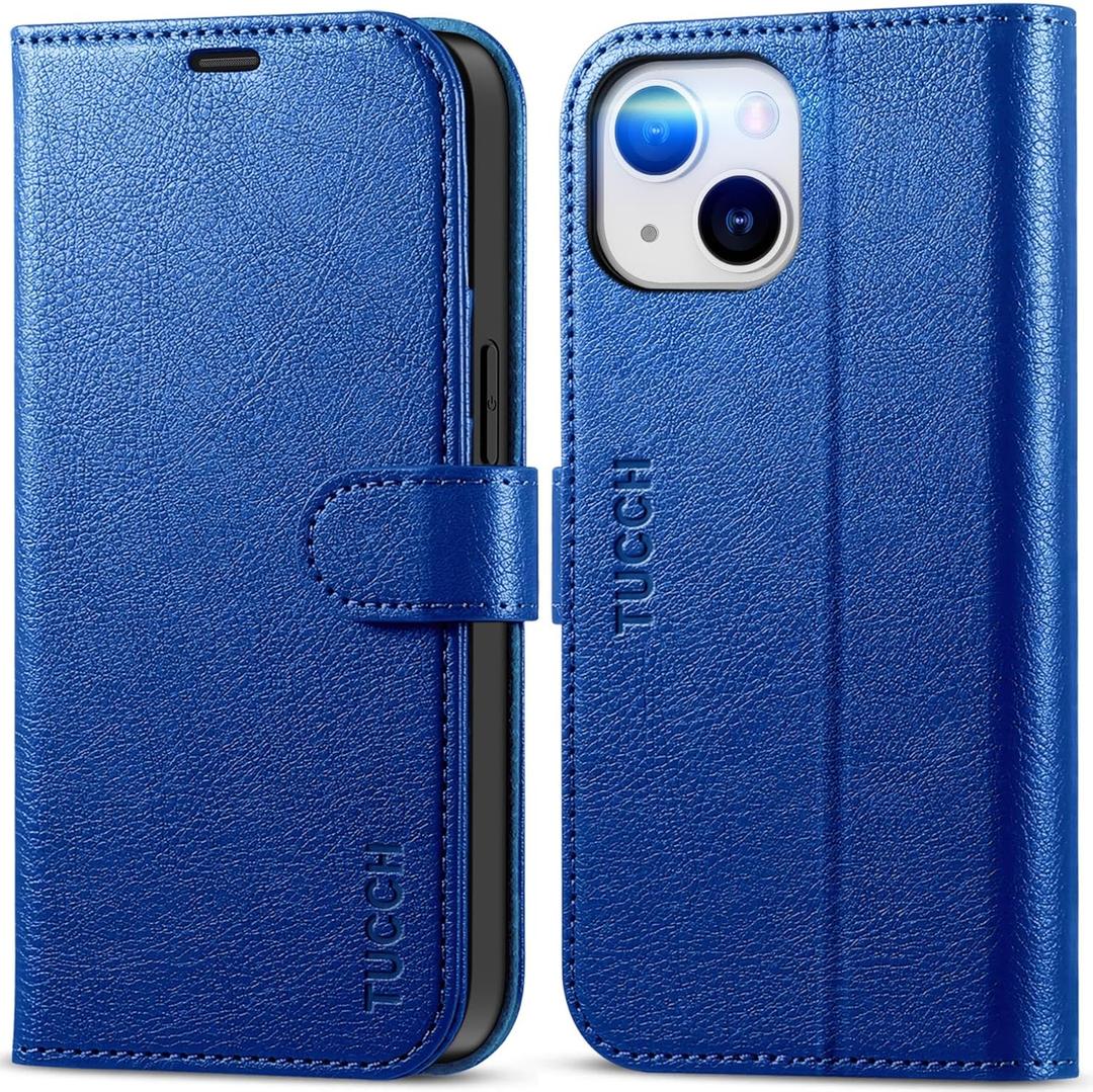 TUCCH Wallet Case for iPhone 13 6.1-inch 5G, [RFID Blocking] Card Slots Holder Stand [Shockproof TPU Interior Case] PU Leather Magnetic Protective Flip Cover Compatible with iPhone 13, Klein Blue