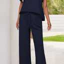 PRETTYGARDEN 2 Piece Outfits For Women Casual Tracksuit Short Sleeve Tops And Wide Leg Long Pants Matching Lounge Sets (Blue, L)