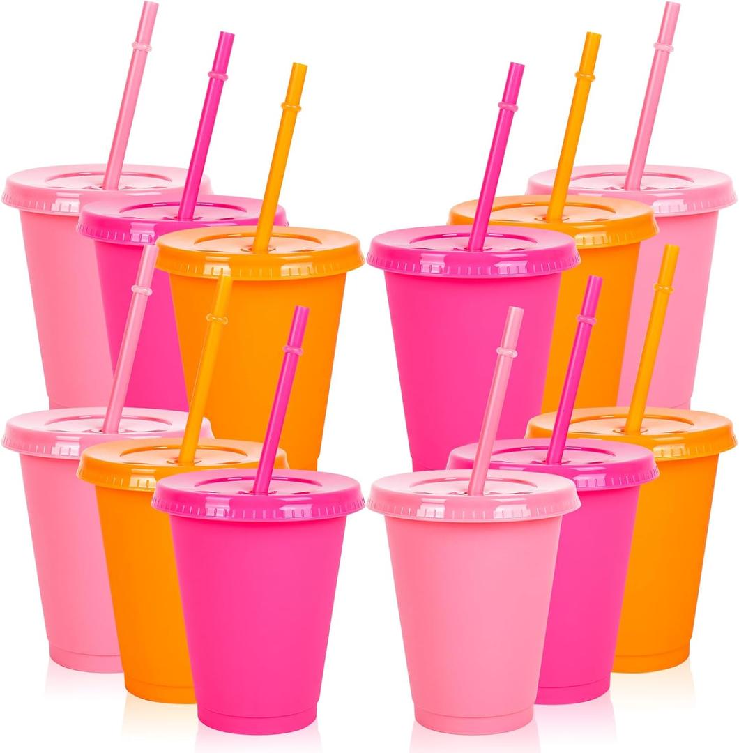 Whaline 18Pcs Colored Plastic Cups with Lids Straws 16oz Light Pink Hot Pink Orange Cold Cups Plastic Tumbler for Home Office Party Supplies